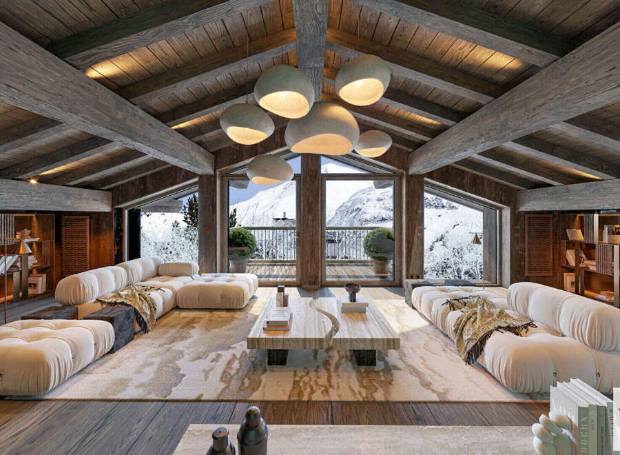 Experience luxury mountain living in this stunning chalet, featuring a spacious living area with plush, modular sofas and a striking stone coffee table.