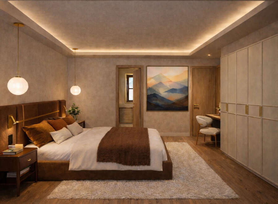 Step into luxury with this stunning bedroom, featuring a plush bed, elegant lighting, and a serene ambiance.