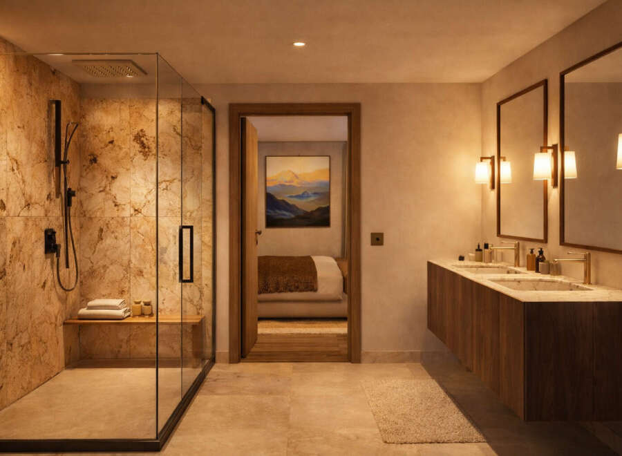 Step into luxury with this stunning bathroom featuring a spacious walk-in shower with a marble-like finish.