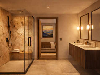 Step into luxury with this stunning bathroom featuring a spacious walk-in shower with a marble-like finish.