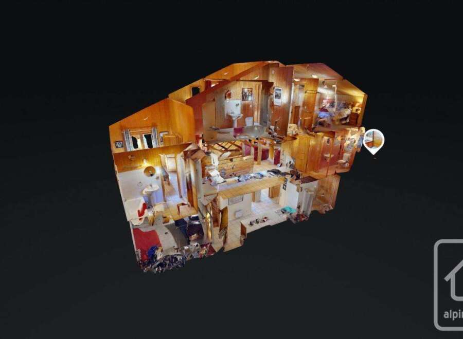 Explore this stunning 3D model showcasing a spacious home with multiple bedrooms, a large kitchen, and ample living areas.