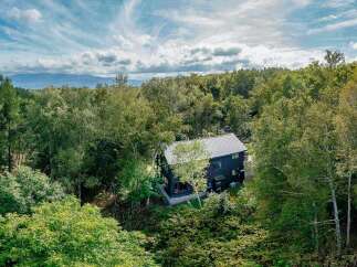 Nestled in a lush forest with mountain views, this secluded home offers a tranquil escape.