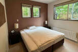 Cozy bedroom with a double bed, two windows offering forest views, and a modern aesthetic.