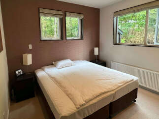 Cozy bedroom with a double bed, two windows offering forest views, and a modern aesthetic.