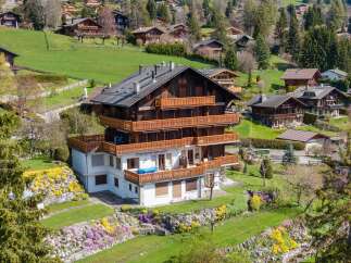 Discover a stunning multi-story chalet nestled in a picturesque mountain setting.