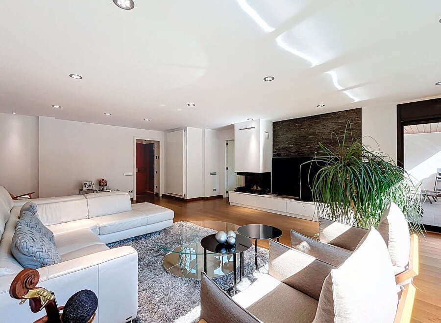 Stunning living room with a modern fireplace and large windows, offering ample natural light.