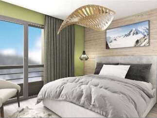 This stunning bedroom boasts a cozy and modern design, featuring a plush bed with soft linens and a large window offering breathtaking mountain views.