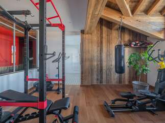 This stunning home gym boasts a full set of professional-grade equipment, including a squat rack, weight bench, and elliptical machine.