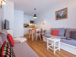 Cozy apartment featuring a comfortable sofa bed, fully equipped kitchenette, and dining area.
