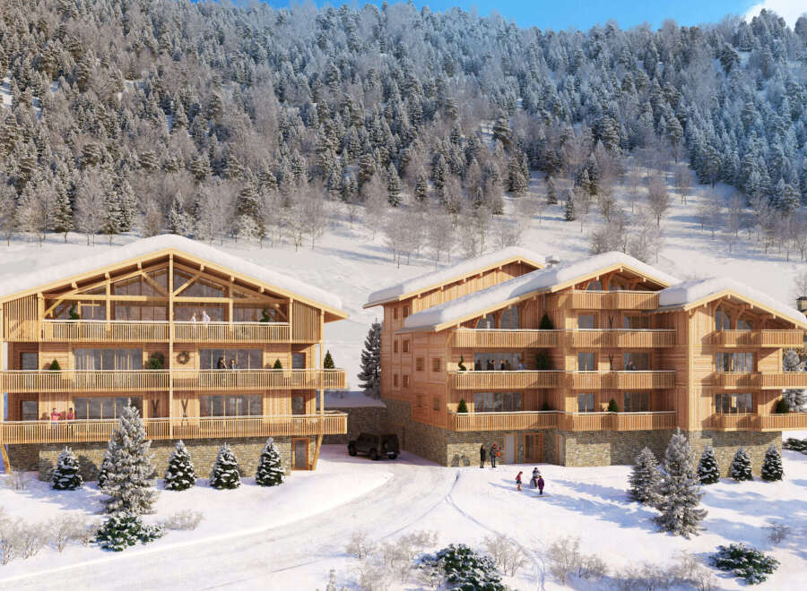 Luxury chalets nestled in a snowy mountainside, offering breathtaking views and ski-in/ski-out access.
