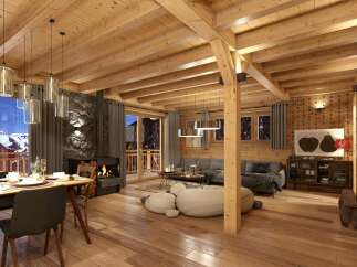 This stunning chalet boasts a spacious open-plan living area with exposed wooden beams, a cozy fireplace, and large windows offering breathtaking mountain views.