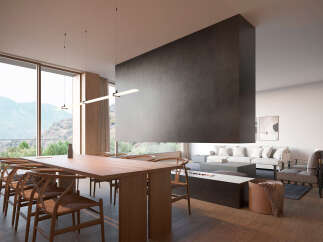 Stunning mountain views from this modern home's expansive windows.