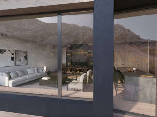 Mountain view home with floor to ceiling windows showcasing the open concept living space.