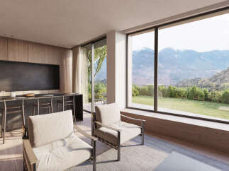 This stunning property boasts breathtaking mountain views from its expansive windows, creating a serene and tranquil atmosphere.