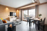 This stunning apartment boasts a spacious open-plan living area with floor-to-ceiling windows offering breathtaking mountain views.