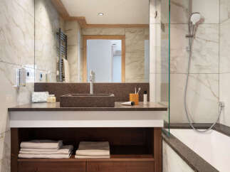 This luxurious bathroom boasts a spacious vanity with dark brown countertop and wooden shelving, providing ample storage.