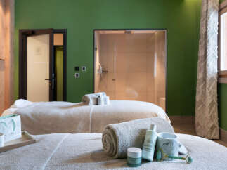 Indulge in ultimate relaxation at our luxurious spa, featuring plush massage tables, a tranquil shower, and premium skincare products.