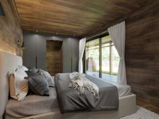 Experience luxury in this stunning bedroom featuring a modern design with wooden accents.