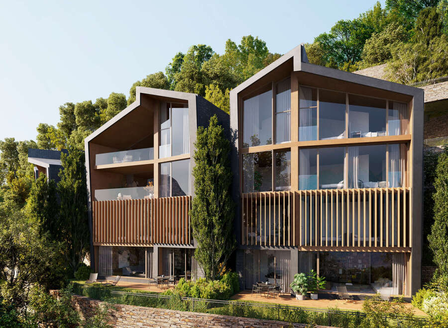 Luxury hillside duplexes with stunning views.
