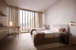 Wake up to breathtaking views from this serene bedroom, featuring twin beds and a minimalist design.