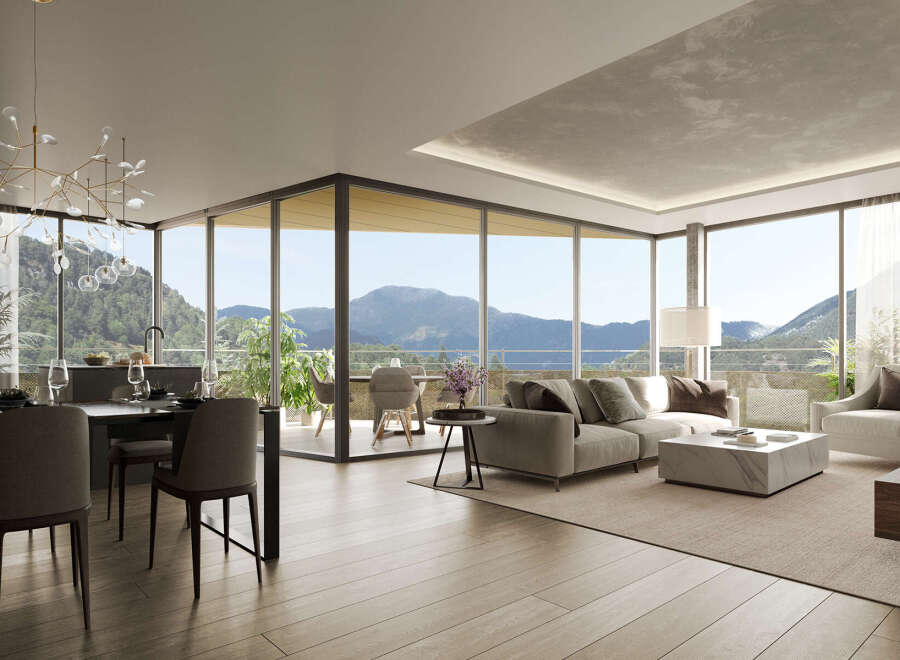 Luxury condo with breathtaking mountain views and expansive windows.