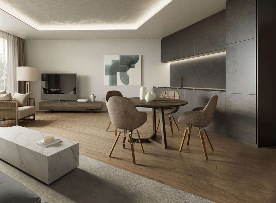 Modern apartment with open-plan living and dining area, featuring a sleek kitchen and hardwood floors.