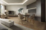 Modern apartment with open-plan living and dining area, featuring a sleek kitchen and hardwood floors.