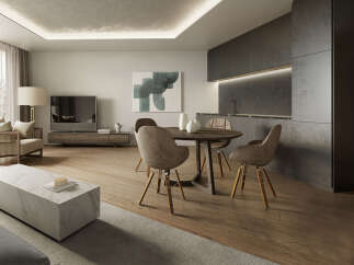 Modern apartment with open-plan living and dining area, featuring a sleek kitchen and hardwood floors.