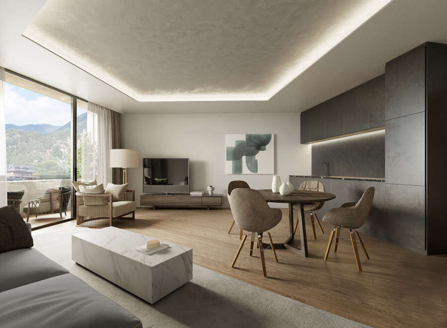 Modern apartment with mountain views and open-plan living.