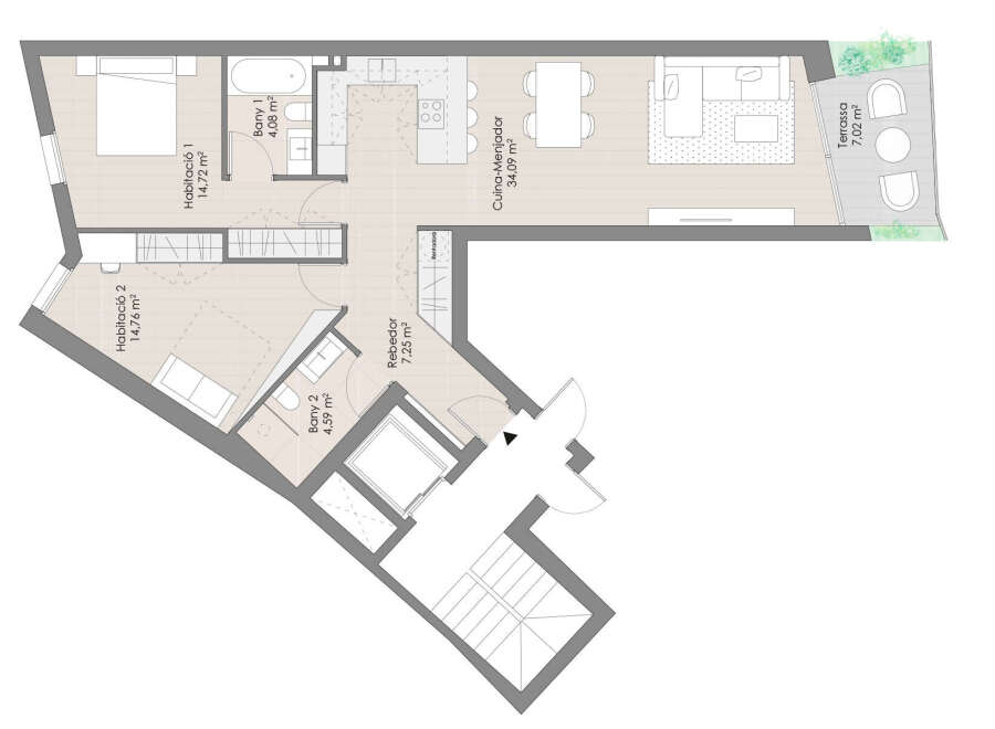 This stunning apartment boasts two bedrooms, two bathrooms, and an open-plan kitchen-dining area.