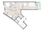 This stunning apartment boasts two bedrooms, two bathrooms, and an open-plan kitchen-dining area.