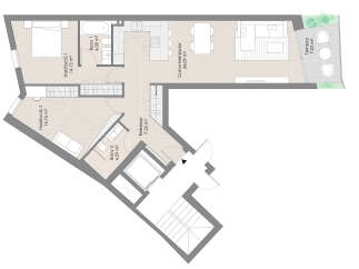 This stunning apartment boasts two bedrooms, two bathrooms, and an open-plan kitchen-dining area.