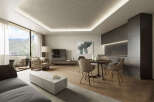 Modern apartment with mountain views and open-plan living.