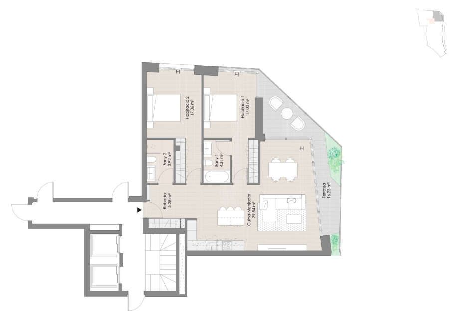 Stunning penthouse with 2 bedrooms and 2 bathrooms, spacious living area, and a large terrace.