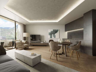 Modern apartment with mountain views and open-plan living.