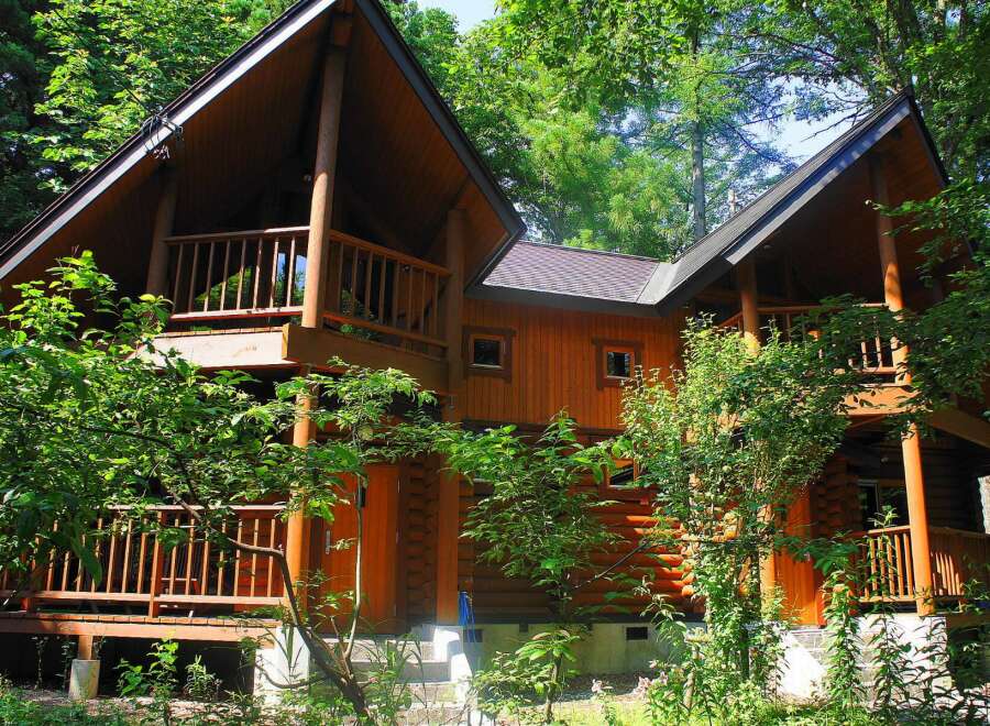 Nestled in a lush forest, this charming log cabin offers a tranquil escape.
