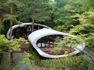 Nestled in a lush forest, this unique home boasts a stunning, modern design with curved concrete walls and expansive windows offering breathtaking views.