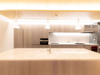 Modern kitchen with sleek light wood cabinetry, marble countertops, and integrated appliances.