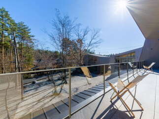 Modern balcony overlooking serene forest views.