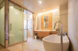 Luxurious bathroom with a freestanding bathtub and a walk-in shower, featuring modern fixtures and elegant design.