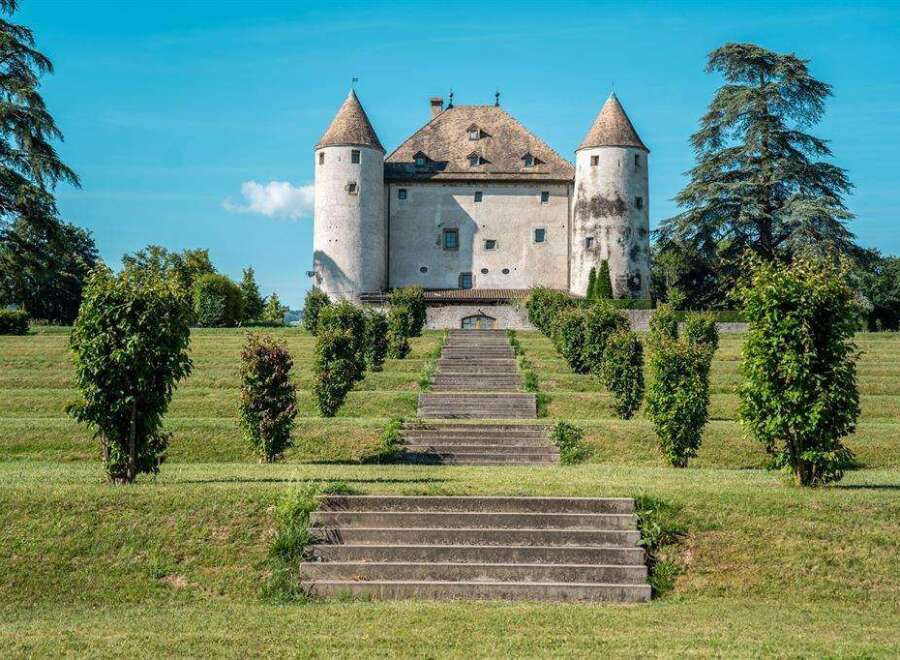 This majestic castle boasts a stunning facade, complemented by meticulously manicured gardens and a grand staircase leading to its entrance.