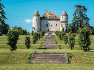 This majestic castle boasts a stunning facade, complemented by meticulously manicured gardens and a grand staircase leading to its entrance.