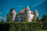 This stunning castle boasts three majestic towers, a classic stone facade, and a charming, manicured hedge.