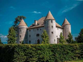 This stunning castle boasts three majestic towers, a classic stone facade, and a charming, manicured hedge.
