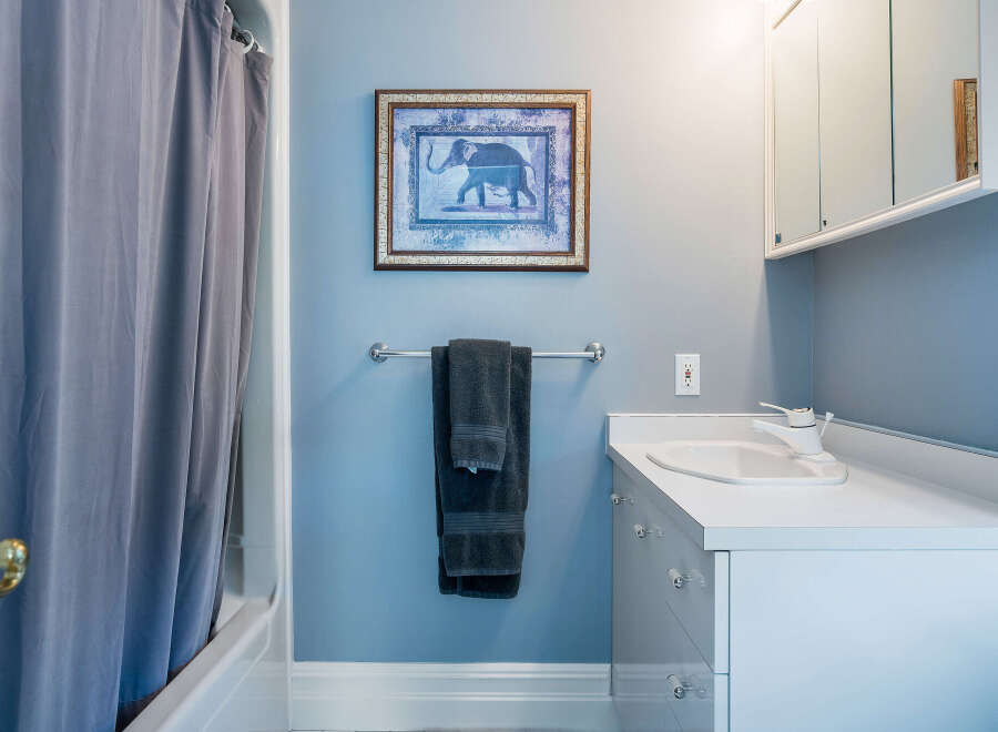 This charming bathroom boasts a light blue color scheme, complemented by white vanity and fixtures.