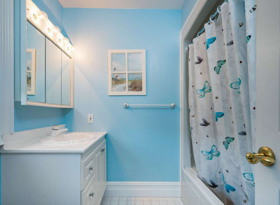 This charming bathroom boasts a light blue color scheme, complemented by white fixtures and a butterfly-themed shower curtain.