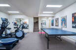 This stunning home boasts a fantastic recreation area featuring a fully equipped gym and a ping pong table, perfect for staying active and having fun.