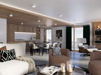 This stunning chalet boasts an open-plan living area with a modern kitchen, perfect for entertaining.