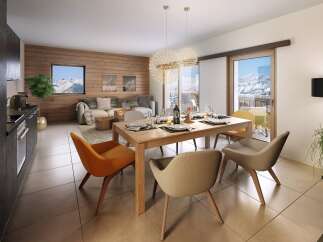 This stunning apartment boasts breathtaking mountain views from its spacious living area and private balcony.