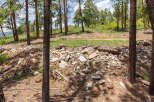 This property features a unique landscape with a scattering of rocks and remnants of a structure, possibly an old building or ruin, nestled among tall pine trees.